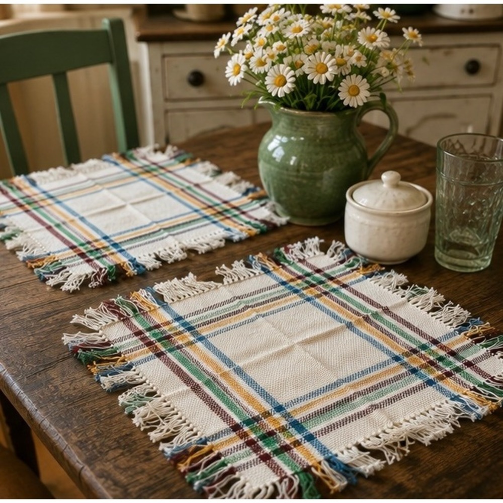 Vintage Plaid Table Mats 1950s Mid Century Farmhouse Woven Fringe Placemats Set
